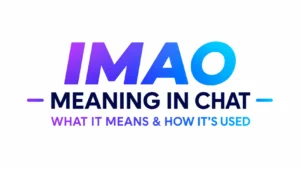 A clean, modern banner featuring the phrase “IMAO Meaning in Chat” in large, bold typography centered on a light gray background. The word “IMAO” appears in a vibrant purple-to-blue gradient, while “Meaning in Chat” is displayed in dark navy text. Below, a subtitle reads “What It Means & How It’s Used” in matching gradient colors. Decorative horizontal accents on both sides enhance the sleek, professional design, making it suitable for a website header or educational article about text slang and online communication.