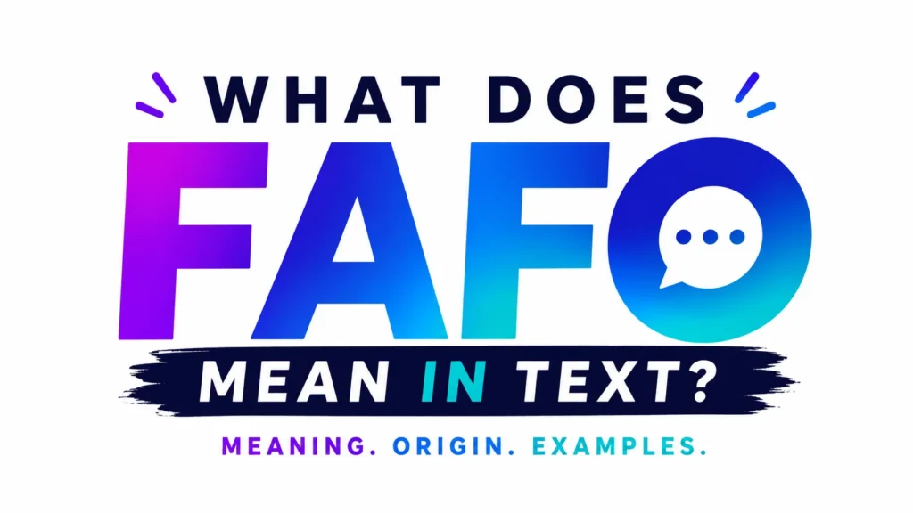 Minimalist 16:9 website banner featuring the centered text “FAFO Meaning in Text” in large, bold modern typography. Clean white background with vibrant blue, purple, and cyan gradient lettering. Professional, contemporary design with no surrounding objects, icons, or distractions, creating a sleek educational header focused entirely on the phrase.