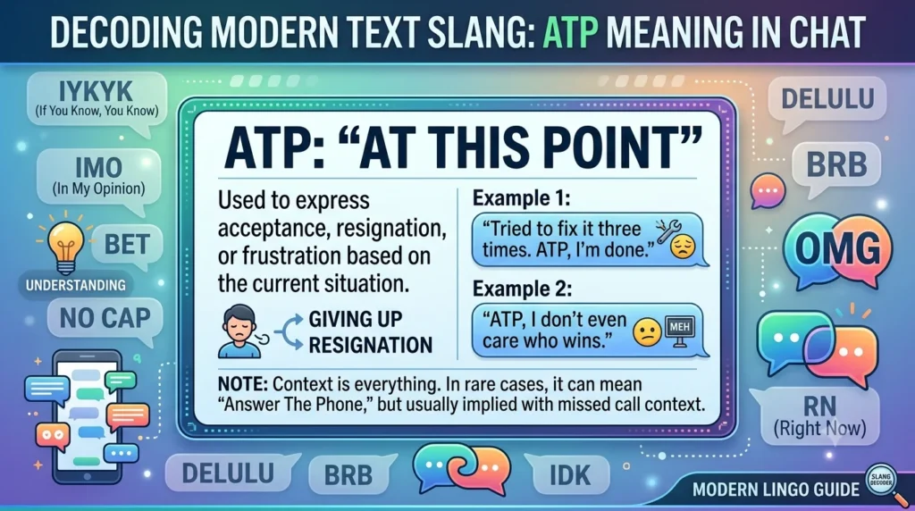 An educational blog banner titled "Decoding Modern Text Slang: ATP Meaning in Chat." The infographic features a central whiteboard-style graphic explaining that ATP stands for "At This Point," used to express acceptance, resignation, or frustration. It includes text messaging examples, a smartphone graphic, and surrounding speech bubbles with other popular internet acronyms like IYKYK, IMO, BRB, OMG, RN, and NO CAP on a vibrant, modern neon gradient background.