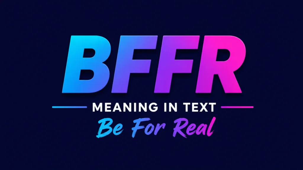 A modern 16:9 digital banner with a dark navy background featuring large gradient text "BFFR" in the center, followed by "MEANING IN TEXT" in bold white letters and "Be For Real" in a colorful handwritten-style font. The clean, minimalist design uses blue, purple, and pink accents, making it ideal as a website header for an educational article about the meaning of BFFR in text slang.