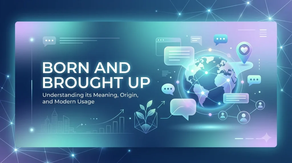 remium digital banner for a WordPress blog header featuring the title "BORN AND BROUGHT UP" on a clean, modern glassmorphism interface. The design includes a glowing digital globe, translucent communication chat bubbles, a location pin, and a rising growth chart against a dark tech-inspired background with soft teal and purple gradients.