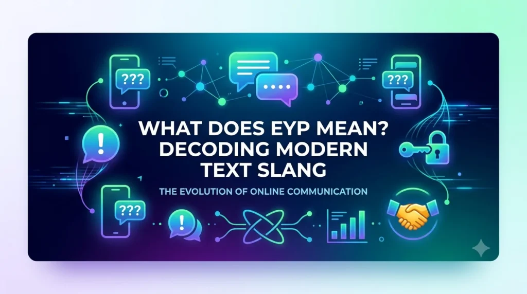 n informational web banner image for eyp-meaning.webp with a neon blue communication theme, asking the question "WHAT DOES EYP MEAN?" with decorative icons symbolizing modern text slang and online connectivity