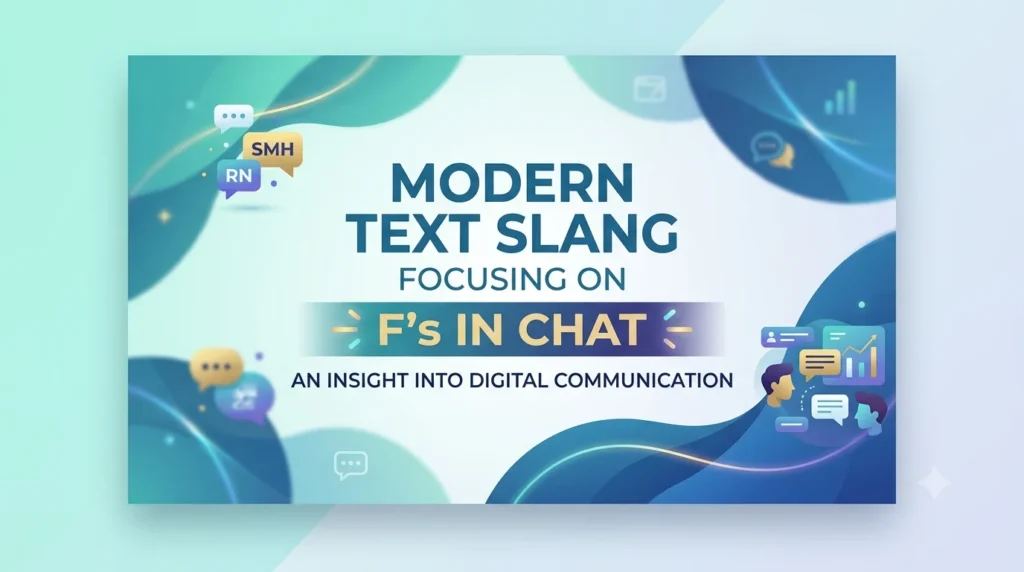 Modern text slang and internet acronyms educational graphic showing a website header layout focusing on F's in chat with a clean, professional blue and teal design for digital communication insights.