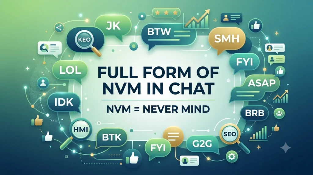 Digital banner showing the full form of NVM in chat as Never Mind, surrounded by modern text slang speech bubbles like LOL, IDK, and BTW on a vibrant green and teal background.
