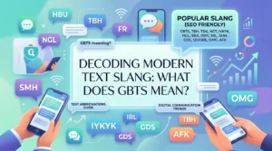 "An elegant and vibrant digital banner at a 16:9 aspect ratio, designed as a website header or blog post graphic. The center of the image features a clean white rectangular overlay with the bold text, 'DECODING MODERN TEXT SLANG: WHAT DOES GBTS MEAN?'. The background blends soft pastel gradients of turquoise, blue, and purple. It is decorated with various colorful 3D chat bubbles containing popular internet slang acronyms like 'TBH', 'NGL', 'SMH', 'IYKYK', and 'AFK'. Illustrated hands hold modern smartphones displaying messaging chat bubbles, while subtle web icons like Wi-Fi symbols, notification bells, and rising trend charts float in the background to represent digital communication trends."