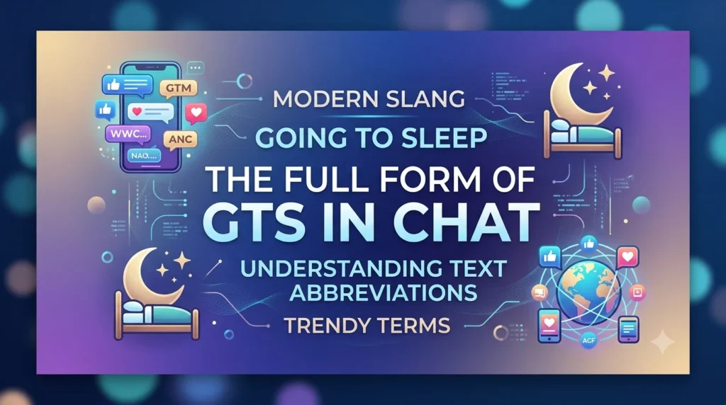 A vibrant 16:9 digital banner for a website header with a dark blue and purple gradient background. The center features bold typography reading "MODERN SLANG / GOING TO SLEEP / THE FULL FORM OF GTS IN CHAT / UNDERSTANDING TEXT ABBREVIATIONS / TRENDY TERMS." The text is surrounded by trendy, modern vector icons including a smartphone with chat bubbles, a cozy bed under a crescent moon representing sleep, and a glowing globe connected to social media icons.