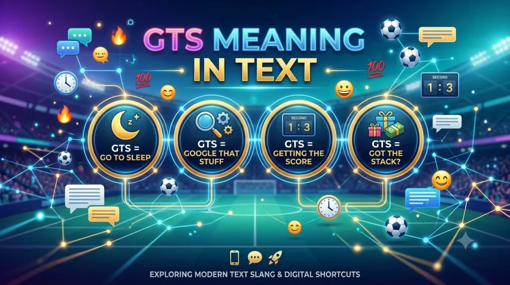 An informative 16:9 digital header banner explaining GTS meaning in text with options like Go To Sleep and Google That Stuff, set against a vibrant neon stadium background with modern chat icons.