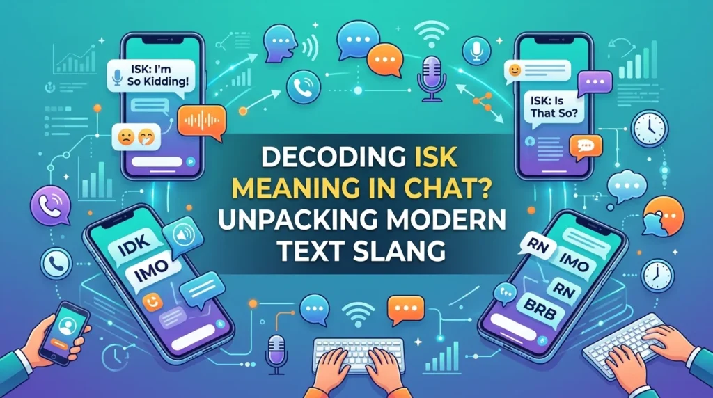 A professional teal and blue digital banner about communication slang, with text in the center reading "DECODING ISK MEANING IN CHAT? UNPACKING MODERN TEXT SLANG". The graphic displays multiple smartphones with chat bubbles highlighting dual definitions like "ISK: I'm So Kidding!" and "ISK: Is That So?", alongside classic internet abbreviations like IDK, IMO, RN, and BRB.