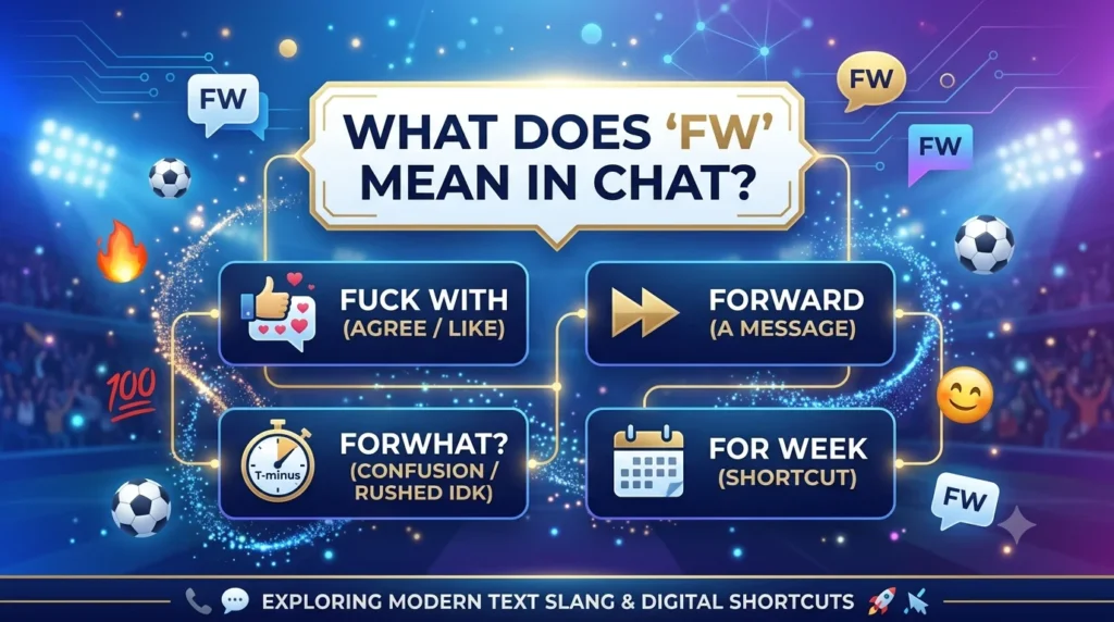 An informative 16:9 digital header banner explaining the meaning of FW in chat with options like Fuck With (Agree/Like), Forward, For What, and For Week, designed over a bright neon stadium backdrop with chat box graphics.