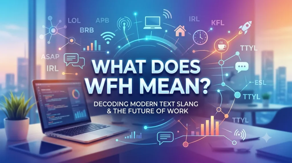 An elegant digital banner featuring a laptop on a modern desk with a vibrant background of glowing tech icons and text slang like BRB and IRL. In the center, large bold text reads "WHAT DOES WFH MEAN? DECODING MODERN TEXT SLANG & THE FUTURE OF WORK."