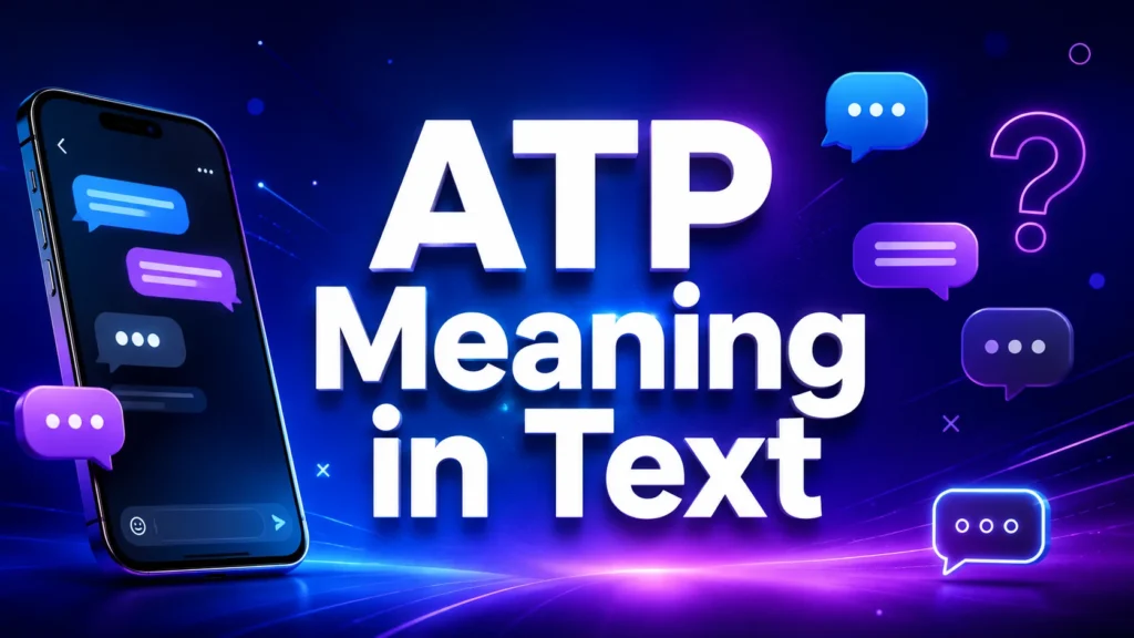 Modern 16:9 digital banner featuring a smartphone with chat bubbles, messaging icons, and the bold centered title “ATP Meaning in Text” on a blue and purple gradient background, representing the meaning of ATP in texting and online conversations.
