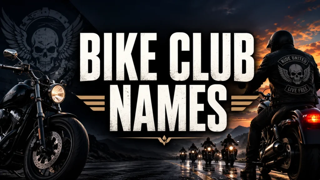 Bike Club Names – cinematic motorcycle club banner featuring riders, motorcycles, and a dramatic mountain road.