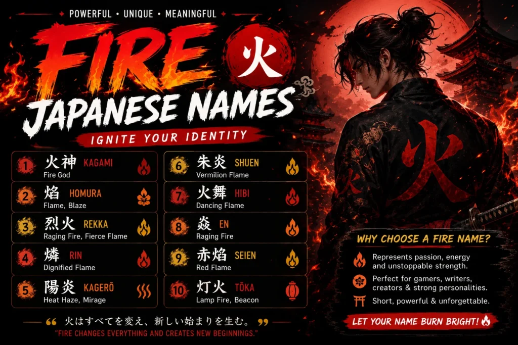 Fire Japanese names featured graphic with a Japanese warrior, flames, the kanji for fire, and powerful Japanese fire-inspired name ideas with meanings.