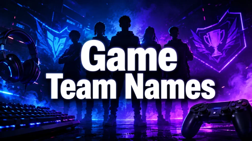 Game Team Names – futuristic esports team banner with gaming players, controller, keyboard, and neon arena lighting.