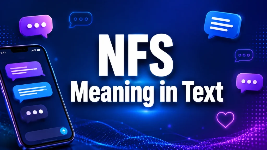 Professional digital banner with the title "NFS Meaning in Text" centered in bold white text over a modern blue and purple gradient background featuring a smartphone, chat bubbles, message notifications, and digital communication icons representing texting, online conversations, and internet slang.