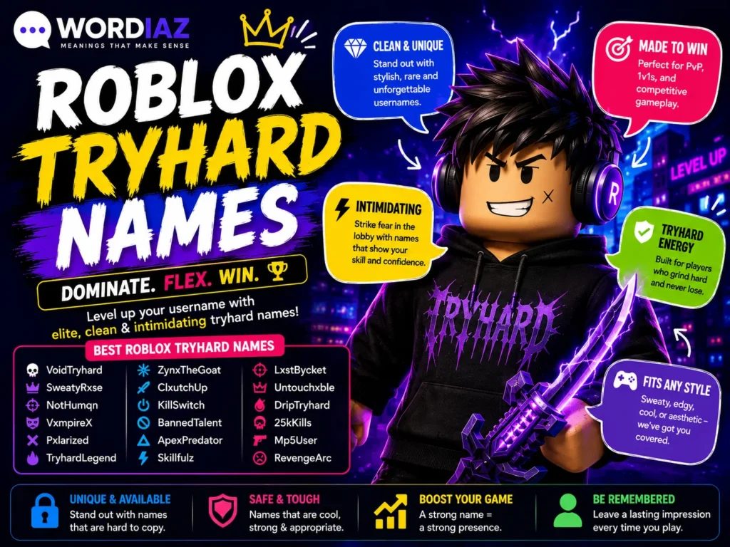 Roblox tryhard names featured graphic with a competitive gaming avatar and unique username ideas for PvP and skilled Roblox players.