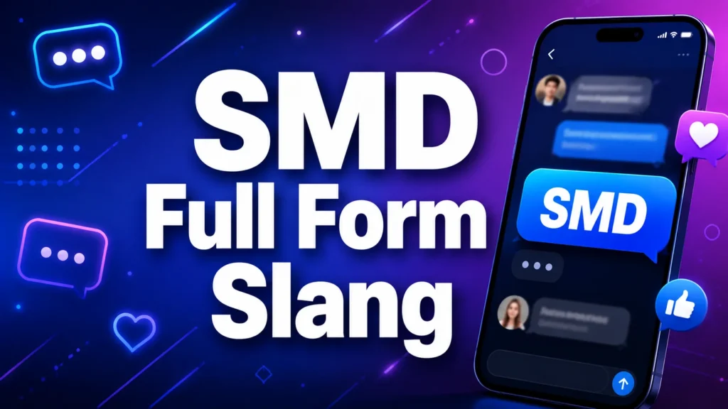 Modern digital banner featuring a smartphone with an SMD text message and bold “SMD Full Form Slang” text on a blue and purple gradient background.