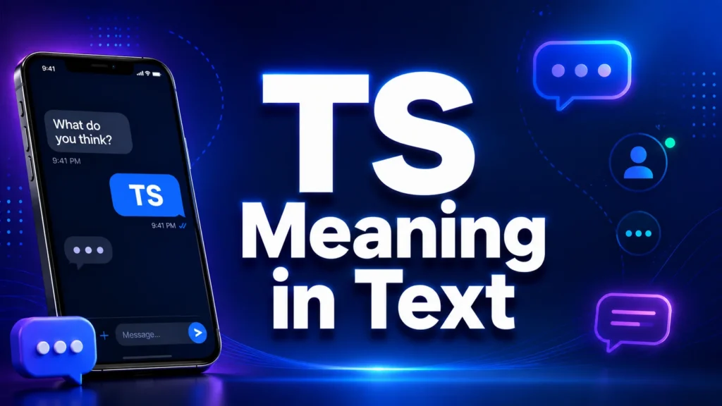 Modern editorial banner with a smartphone displaying a text conversation featuring “TS” and the title “TS Meaning in Text” on a blue and purple gradient background, illustrating the meaning of TS in texting and online chat.