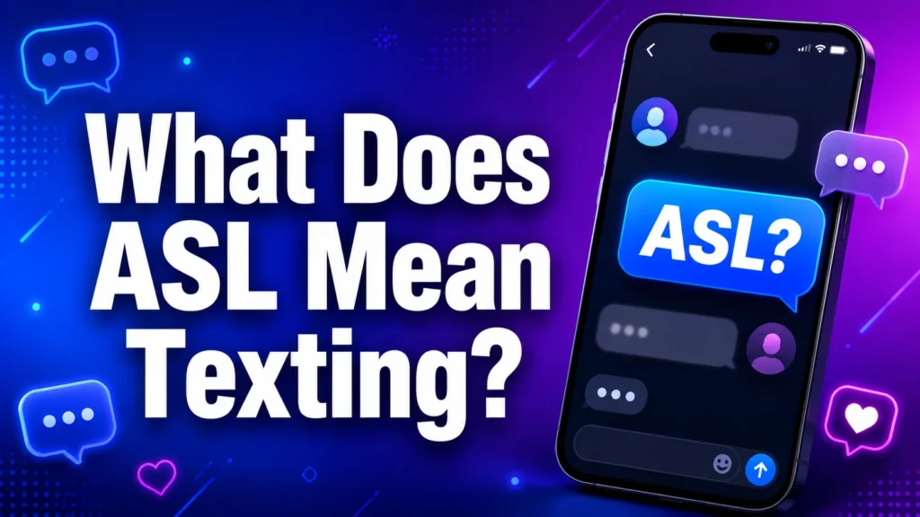Modern digital banner showing a smartphone with an “ASL?” text message and bold “What Does ASL Mean Texting?” title on a blue and purple gradient background.