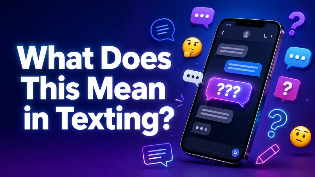 Premium editorial-style featured image showing a smartphone with a messaging conversation, a glowing “???” chat bubble, floating message icons, and bold white text reading “What Does This Mean in Texting?” on a blue and purple gradient background.