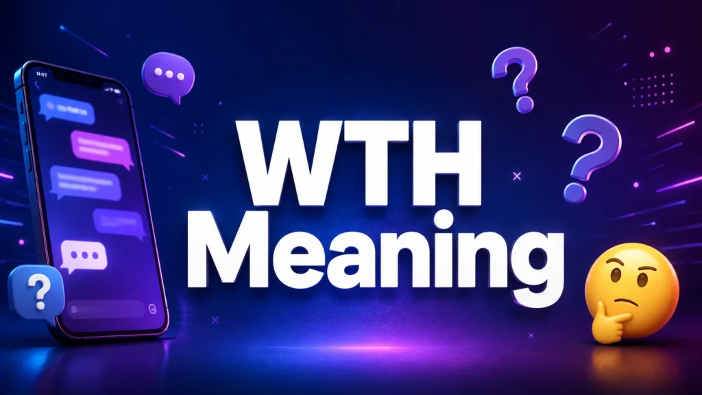 Professional 16:9 digital banner featuring a smartphone with chat bubbles, question marks, and the bold centered title “WTH Meaning” on a blue and purple gradient background, illustrating the meaning of the texting slang WTH.